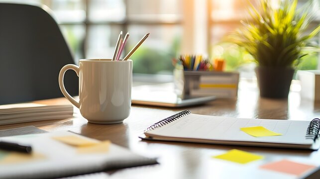 Organized Workday:A Businesswoman's Desk with Personal Planner,Coffee,and Sticky Notes
