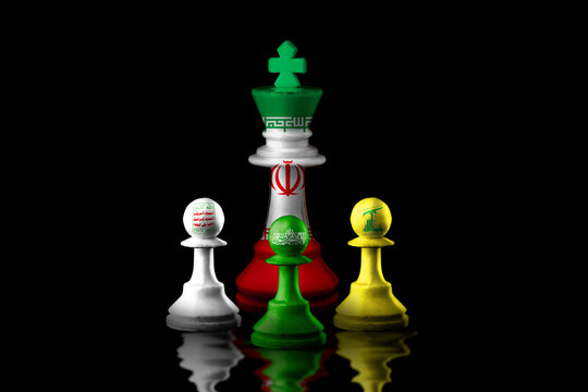 iran,houthi rebels, hamas and hizbullah flags paint over on chess pieces. 3D illustration iran vs israel concept.