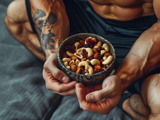 Bodybuilder Fueling with Healthy Snack During Workout Break Nutritious Mixed Nuts and Dried Fruit