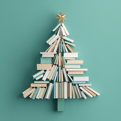  Christmas tree made of books on a green background, , Christmas concept representing the holiday season and reading day, 