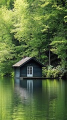 Obraz premium Serene lakeside cabin surrounded by vibrant greenery and tranquil water, ideal for peaceful getaways and nature escapes.