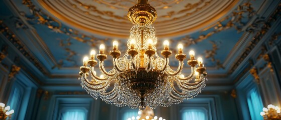 Obraz premium Opulent gold chandelier with dozens of glowing candles and sparkling crystal illumination hanging from an ornately decorated and gilded palace ceiling The lavish lighting fixture creates a grand