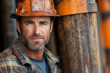 A construction worker wearing an orange hard hat leans against a rusty steel beam at a job site. His rugged attire and confident expression reflect years of experience in the construction industry und
