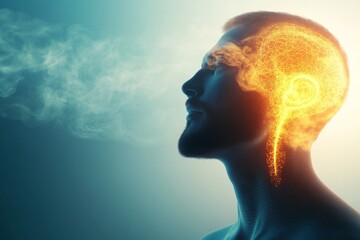 Against a dark blue background, a human body has glowing red pain points on neural pathways illustrating pain or nerve stimulation