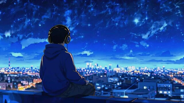 Animated virtual backgrounds cozy sad boy headphones sits city rooftop night sky, music watching distant city lights stars. lofi music 2D 4k Lofi Japanese manga Anime-style Looping hip hop Music Video