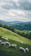 Obraz premium Serene pasture scene featuring grazing sheep amidst lush green hills and a dramatic sky, perfect for nature and agriculture themes.