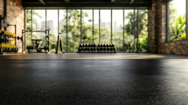  Black countertop with gym background for product. Empty tabletop with fitness room interior. Mockup platform for sports nutrition presentation. 