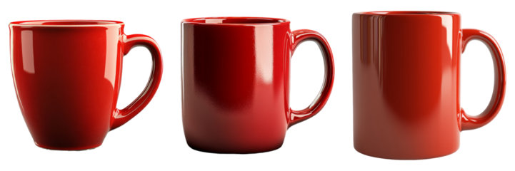 Red coffee mugs in various designs isolated on transparent background perfect for kitchenware illustrations or beverage-themed advertisements