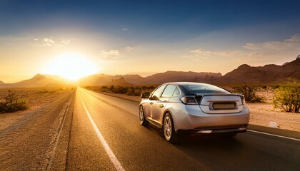 Modern car on the road at sunset in a desert area