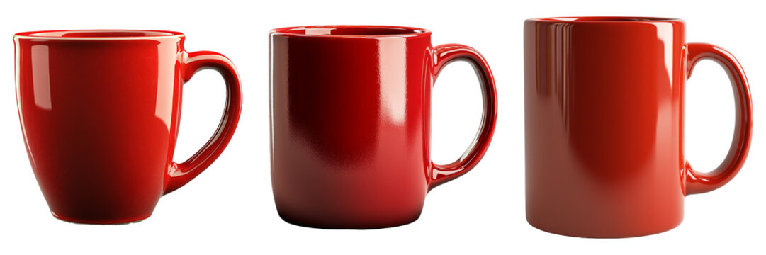 Red coffee mugs in various designs isolated on transparent background perfect for kitchenware illustrations or beverage-themed advertisements