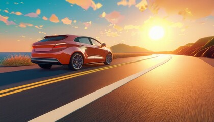Fototapeta premium Car driving on the road is surrounded by a natural landscape.