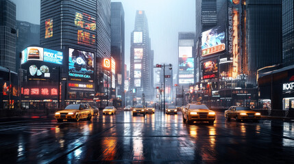 Fototapeta premium Rainy evening in a futuristic city with illuminated billboards, neon signs, and multiple taxi cabs on a wet street reflecting lights.