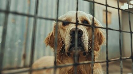 Golden Retriever dog looking through a wire fence.