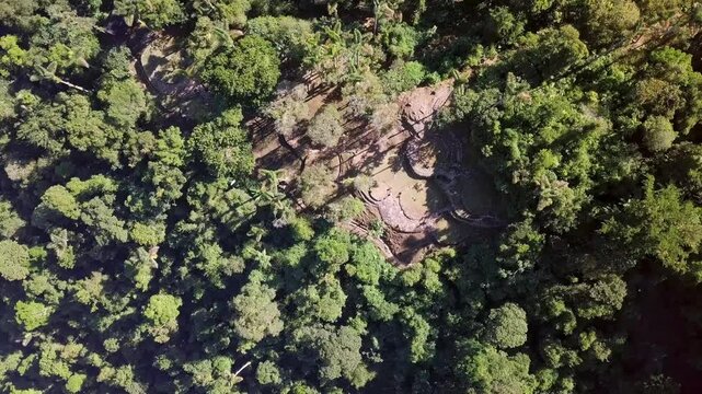 Hidden ancient ruins of Tayrona civilization Ciudad Perdida in the heart of the Colombian jungle. Aerial view from above. Lost city of Teyuna. Santa Marta, Sierra Nevada mountains, Colombia wilderness