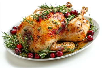 holiday food photography, roasted thanksgiving turkey, golden-brown with herbs cranberries, on white background