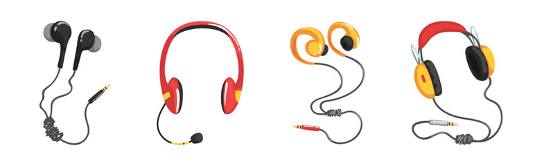 Obraz premium Earphones and Headphones as Wired and Wireless Audio Equipment for Music Listening Vector Set