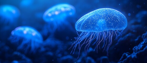 Obraz premium Captivating scene of glowing bioluminescent sea creatures drifting in the mysterious depths of the ocean creating an otherworldly dreamlike atmosphere