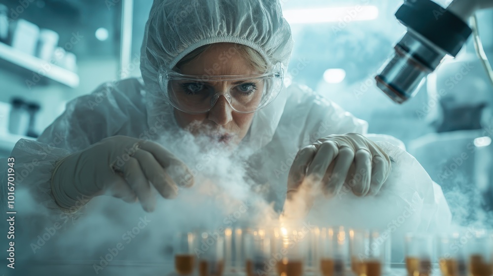 Wall mural a scientist in protective gear is intensely focused on conducting an experiment in a lab filled with