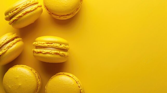 Yellow macaroon desserts on yellow background top view.
