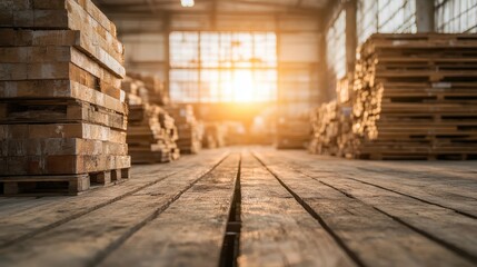 A sunny warehouse captures the eye with organized rows of pallets, all aligned perfectly, bathed in a serene, golden light that emphasizes its industrial charm.