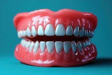 Obraz premium The dental model presents a striking representation of upper and lower teeth, highlighting the intricate arrangement and healthy appearance. The bright color contrast emphasizes the details of the gum