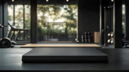  Black countertop with gym background for product. Empty tabletop with fitness room interior. Mockup platform for sports nutrition presentation. 