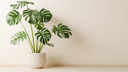 With a vibrant green plant and a matte beige pot against a light-colored backdrop, this image illustrates modern design