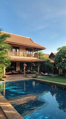 Obraz premium Stunning villa with a spacious pool, lush greenery, and a beautiful sky backdrop, perfect for luxury and relaxation.