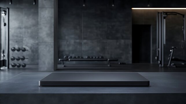  Black countertop with gym background for product. Empty tabletop with fitness room interior. Mockup platform for sports nutrition presentation. 