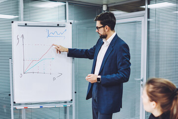 Intelligent male leader of company standing near flip chart during presentation for colleagues, business man in elegant formal outfit making speech on economic conference with partners using graphics
