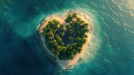Aerial view of a heart-shaped island surrounded by turquoise waters and lush palm trees.