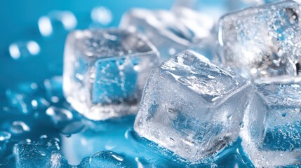 Obraz premium A group of ice cubes is captured melting on a shiny reflective surface, beautifully depicting transient moments and the fragile beauty of change and impermanence.