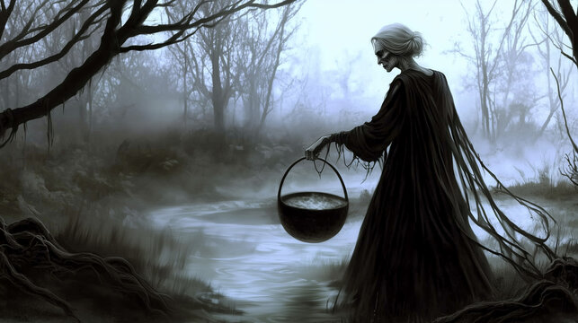 An aged, skeletal witch with flowing robes stands by a fog-covered river, holding a cauldron with a bony hand. The eerie landscape is filled with bare trees and mist, enhancing the spooky atmosphere.