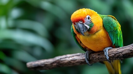 Obraz premium A charming yellow parrot with green wings peers inquisitively from a twig, its beady eyes expressing curiosity, against a softly-focused natural leafy background.