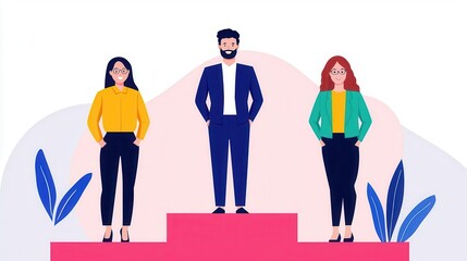 Illustration of three professionals standing confidently on a platform, showcasing teamwork and leadership in a modern workplace