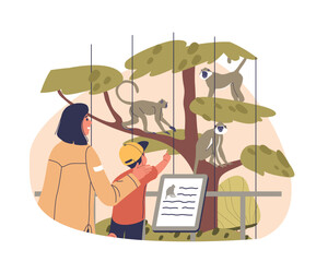 Mother And Child Characters Enjoy Day At The Zoo, Observing Monkeys In Their Naturalistic Exhibit, Vector Scene © Pavlo Syvak