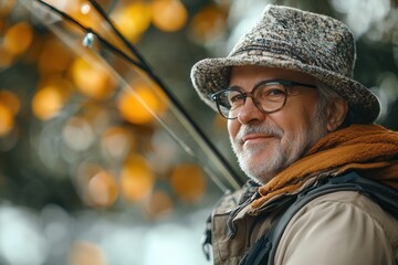 A cheerful older man, dressed for fishing, smiles warmly in an outdoor setting, with a textured hat and rods, against a backdrop of blurred orange bokeh, suggesting peace.