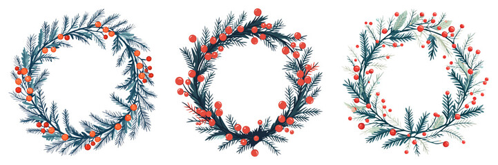 Christmas wreath illustrations in various designs isolated on transparent background ideal for holiday-themed designs or Christmas card illustrations