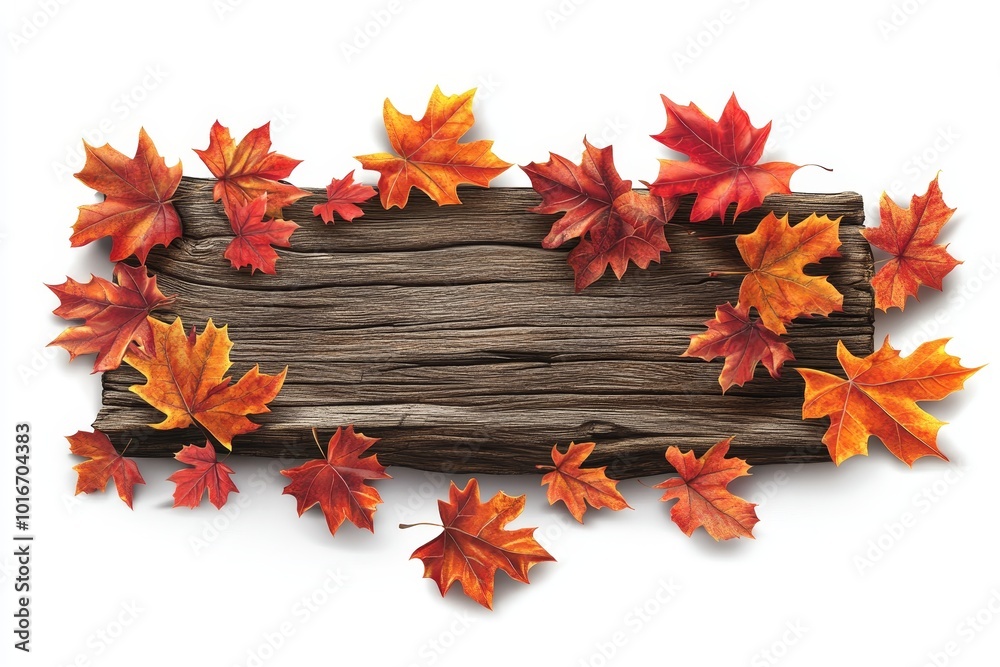 Canvas Prints A wooden sign with text space, set against a background of maple tree leaves. Perfect for an autumn banner or advertisement.