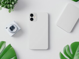 Flatlay of tech gadgets on a magazine spread, editorial product mockup