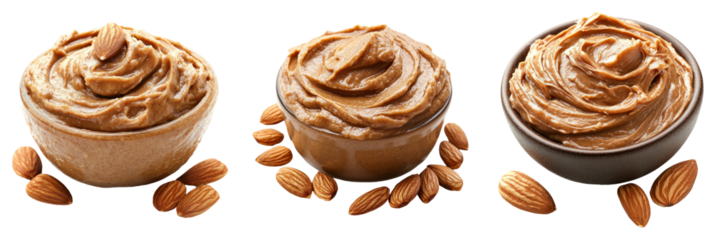 Almond butter in different containers isolated on transparent background perfect for food-themed illustrations or culinary designs
