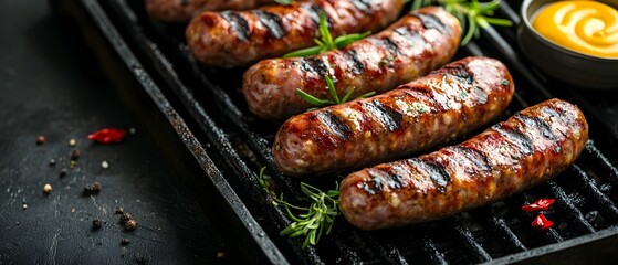 Sizzling charred sausage links grilled to perfection and served with a tangy mustard condiment on a rustic backdrop