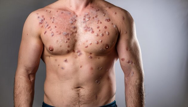 Man s Body with Scars and Keloids on Chest  Stomach  and Arms
