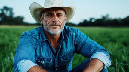 Fototapeta premium A seasoned cowboy with grey beard in a denim shirt sits thoughtfully in a grassy field, symbolizing wisdom, resilience, and connection to nature's plain beauty.