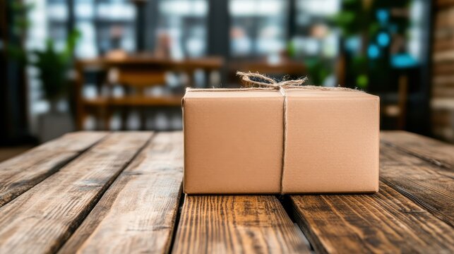 A neatly wrapped brown package placed on a rustic wooden table, with a blurred background of a warm indoor setting creating a cozy atmosphere.