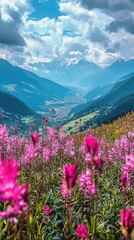 Fototapeta premium Vibrant wildflowers bloom in a serene mountain valley, surrounded by majestic peaks and a breathtaking sky.