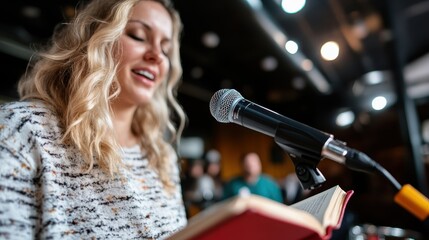 A young woman in a sweater reads from a book into a microphone, capturing her expression as she engages in public speaking in a cozy setting with ambient lighting.