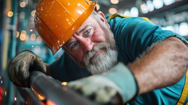 An experienced older man with a robust beard and safety equipment, including a helmet, diligently works in an industrial area, showing expertise and satisfaction.