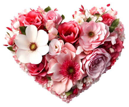 Serce skomponowane z różnych kwiatów, różowych, czerwonych i białych z dodatkiem zielonych listków. Wyizolowane z tła.