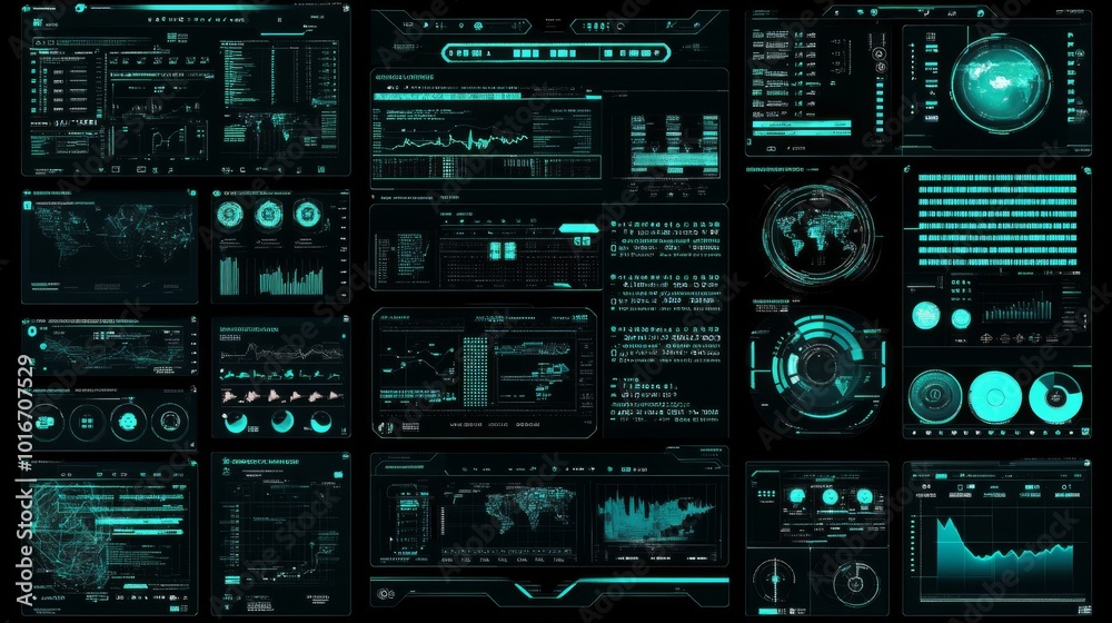 Fototapete A futuristic motion graphic user interface head-up display template with an overlay of digital data telemetry information at the bottom